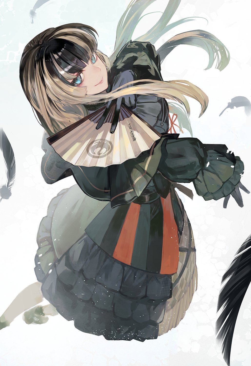 1girl black_capelet black_choker black_dress black_footwear black_gloves black_hair blonde_hair blue_eyes capelet choker closed_mouth commentary dress eyeshadow feathers folding_fan foot_out_of_frame frilled_dress frilled_sleeves frills from_above from_side gloves hand_fan highres holding holding_fan hololive juufuutei_raden lace lace_choker lack layered_dress long_hair long_sleeves looking_at_viewer makeup multicolored_hair red_eyeshadow sidelocks simple_background smile solo standing two-tone_hair virtual_youtuber white_background