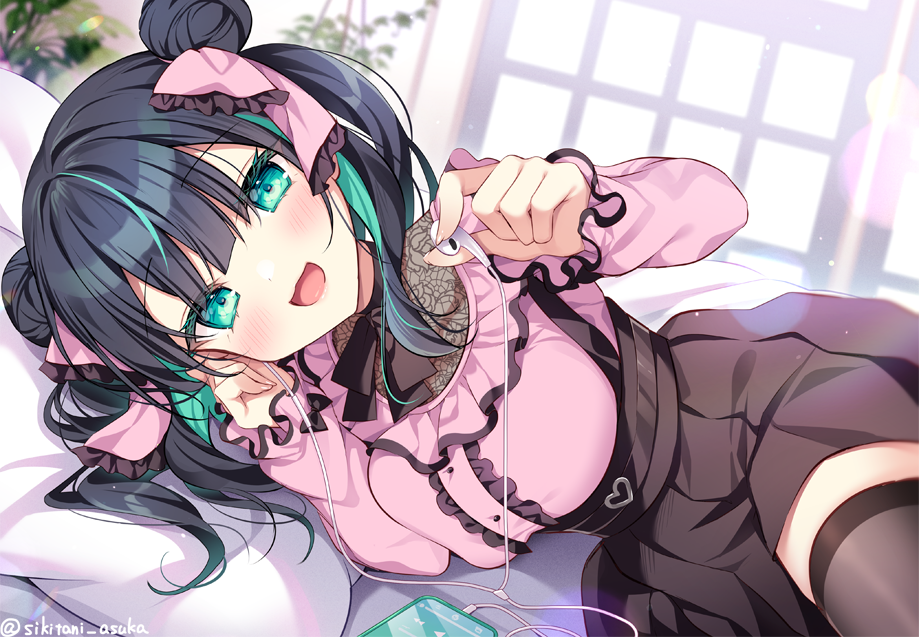 1girl :d black_hair bow breasts brown_skirt brown_thighhighs cellphone center_frills commentary_request double_bun earphones earphones frilled_bow frills green_eyes green_hair hair_bow hair_bun holding holding_earphones large_breasts long_sleeves lying multicolored_hair on_side original phone pillow pink_bow pink_shirt pleated_skirt puffy_long_sleeves puffy_sleeves shikitani_asuka shirt skirt sleeves_past_wrists smile solo streaked_hair suspender_skirt suspenders thigh-highs two_side_up window