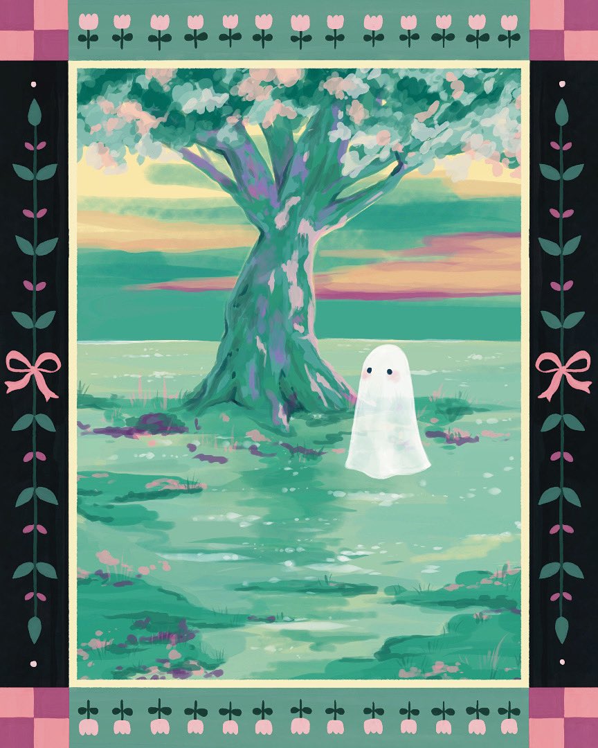 1other blush clouds cloudy_sky english_commentary flower framed ghost green_theme nature no_humans no_mouth on_grass original outdoors pink_flower pink_ribbon ribbon sky sunset theghostegg tree