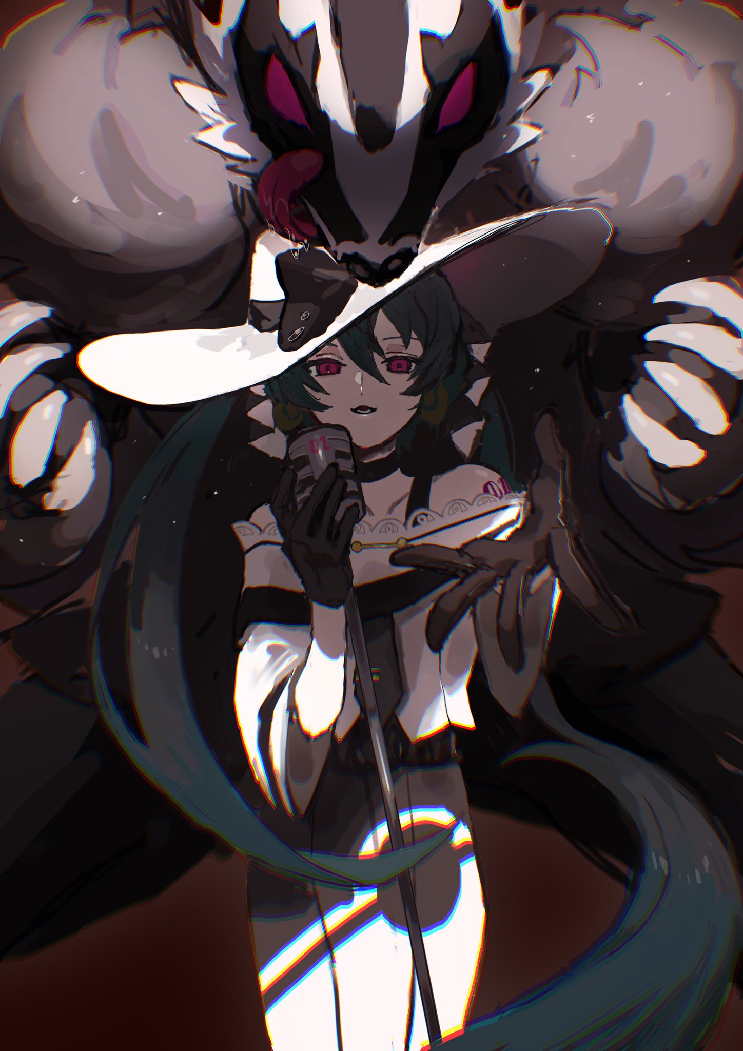 1girl a604531378 black_bow black_gloves black_hair blue_hair bow choker claws dark_miku_(project_voltage) gloves hair_between_eyes hair_ribbon hat hat_bow hatsune_miku highres holding holding_microphone long_hair microphone multicolored_hair obstagoon outstretched_hand pokemon pokemon_(creature) project_voltage red_eyes ribbon shoulder_tattoo tattoo tongue twintails vocaloid white_headwear