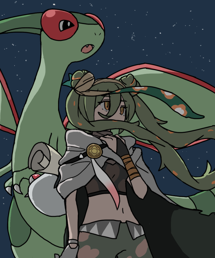 1girl arm_wrap asymmetrical_gloves bag black_gloves bridal_gauntlets brown_hairband brown_shirt cloak constellation covered_mouth cowboy_shot crop_top double_bun floating_hair flygon gloves green_hair green_pants ground_miku_(project_voltage) hair_between_eyes hair_bun hair_over_mouth hairband hand_up holding_strap long_hair looking_ahead midriff mismatched_gloves multicolored_hair navel night night_sky orange_eyes orange_hair outdoors pants poke_ball pokemon project_voltage rolled_up_paper shirt shoulder_bag sky solo star_(sky) starry_sky streaked_hair twintails umi_ha_kirai vocaloid white_cloak white_gloves