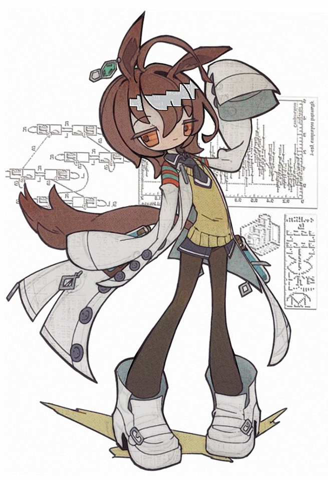 1girl agnes_tachyon_(umamusume) ahoge animal_ear_piercing animal_ears arm_up black_necktie black_pantyhose boots brown_hair closed_mouth coat collared_shirt commentary_request diagram earrings full_body graph ha4to half-closed_eyes high_heel_boots high_heels horse_ears horse_girl horse_tail jewelry lab_coat leaning_back light_smile looking_at_viewer medium_hair necktie no_pants open_clothes open_coat orange_eyes pantyhose raised_eyebrows shirt short_necktie single_earring sleeves_past_fingers sleeves_past_wrists solo standing sweater tail umamusume white_background white_coat white_footwear yellow_sweater