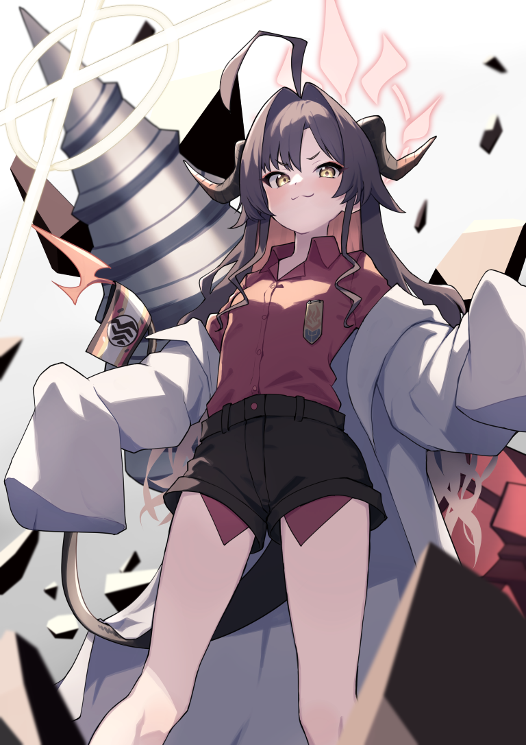 1girl ahoge black_hair black_horns black_shorts black_tail blue_archive closed_mouth coat collared_shirt demon_horns hair_intakes halo horns kasumi_(blue_archive) lab_coat long_hair oversized_clothes red_halo red_shirt shigatsu_shizuki shirt shirt_tucked_in shorts sleeves_past_fingers sleeves_past_wrists smile solo white_coat yellow_eyes