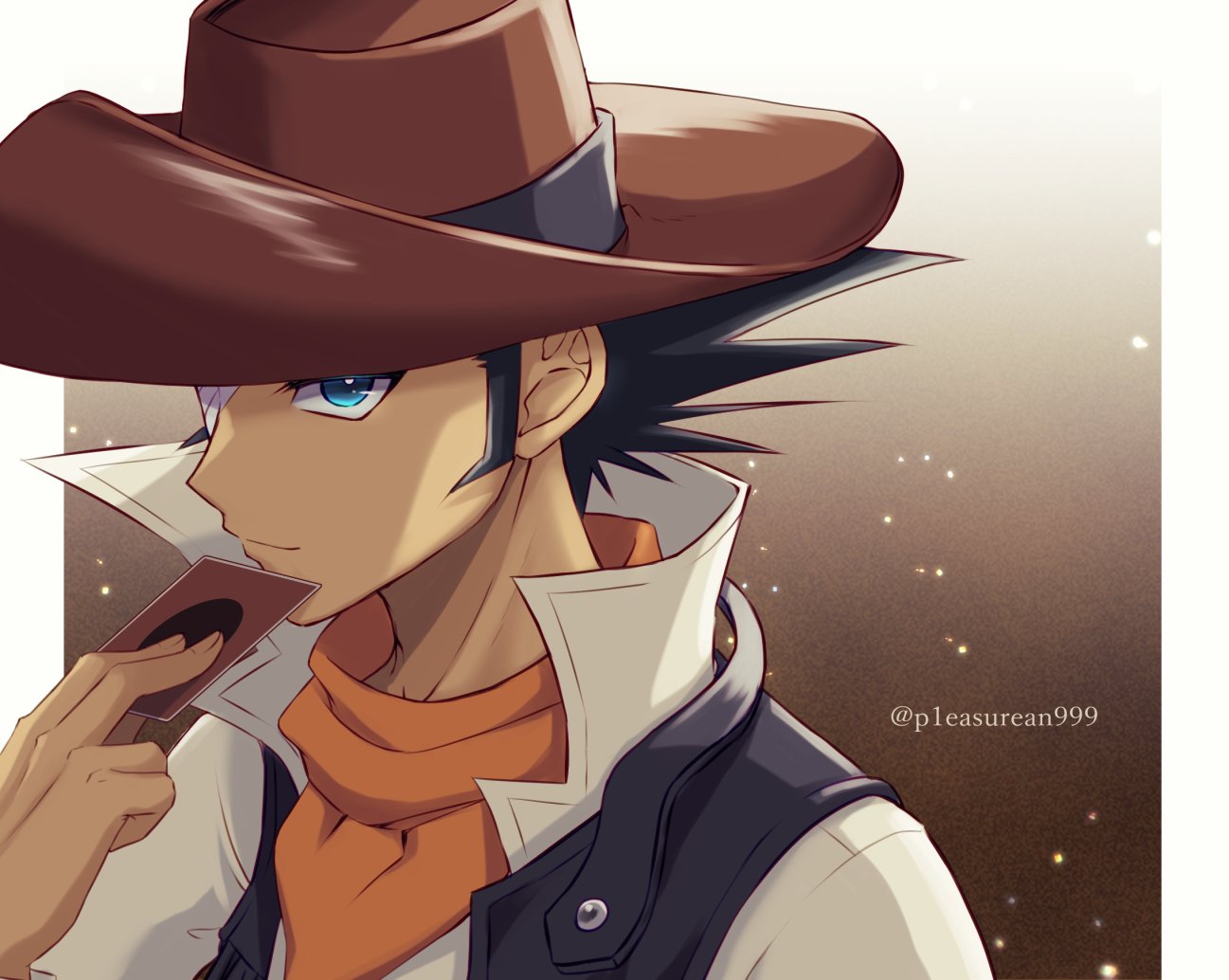 1boy bandage_over_one_eye black_hair blue_eyes card cowboy_hat from_above hat holding holding_card jim_crocodile_cook light_smile looking_at_viewer male_focus mutton_chops p1easurean999 playing_card sanpaku short_hair solo upper_body yu-gi-oh! yu-gi-oh!_gx