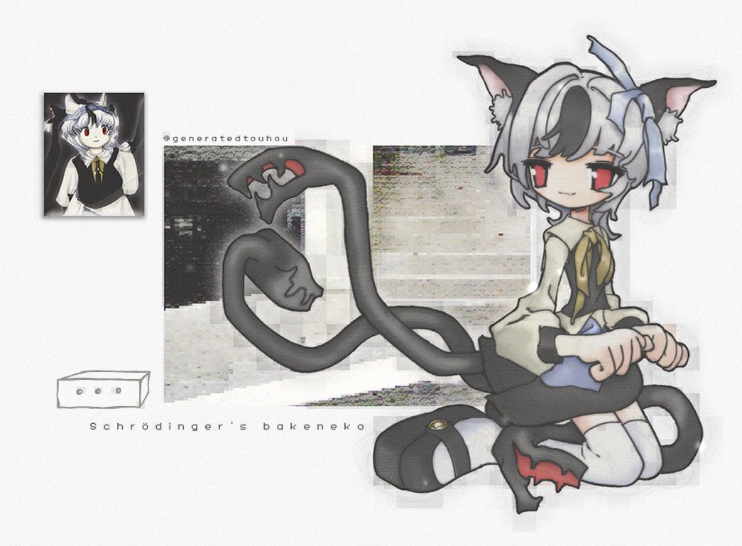 1girl ai-assisted animal_ears black_skirt black_vest cat_ears cat_girl cat_tail collared_shirt english_text grey_hair ha4to kneeling long_sleeves mary_janes multiple_tails original red_eyes shirt shoes short_hair skirt solo tail tail_mouth thigh-highs touhou vest white_thighhighs