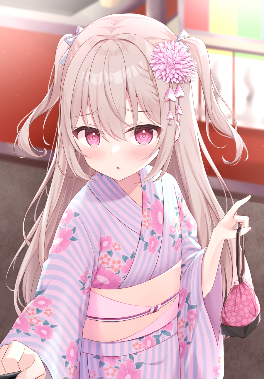 1girl cherry_blossoms flower flower_on_head highres japanese_clothes kimono kinakon long_hair original pink_eyes pink_flower twintails yukata