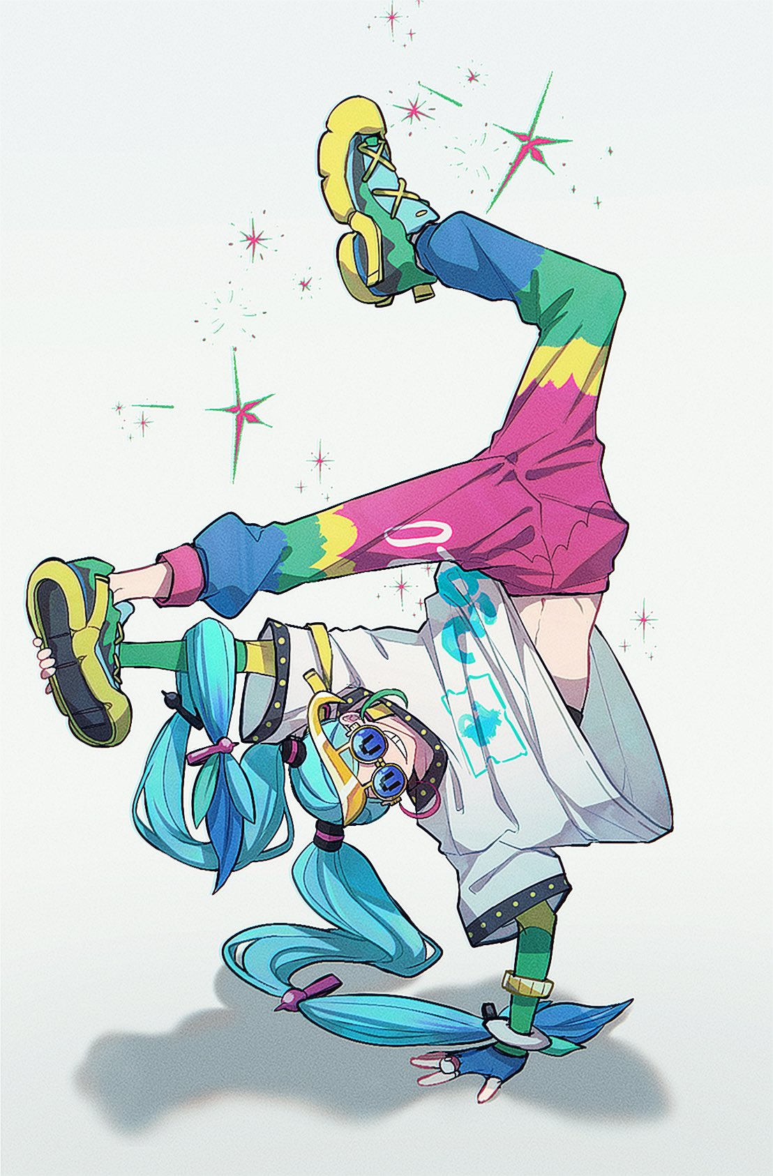 1girl ^_^ blue-tinted_eyewear blue_gloves blue_hair blue_pants bracelet breakdance closed_eyes commentary_request e5_(coc_e5) elbow_gloves facing_viewer fingerless_gloves full_body gloves green_gloves green_pants grin hand_on_own_foot handstand hatsune_miku highres jacket jewelry long_hair midriff_peek multicolored_clothes multicolored_gloves multicolored_pants multiple_bracelets normal_miku_(project_voltage) outstretched_leg pants pink_pants pokemon print_shirt project_voltage ring shadow shirt shoes short_sleeves simple_background smile sneakers solo sparkle stomach sunglasses sweatpants tinted_eyewear twintails upside-down very_long_hair vocaloid white_background white_jacket white_shirt yellow-framed_eyewear yellow_pants