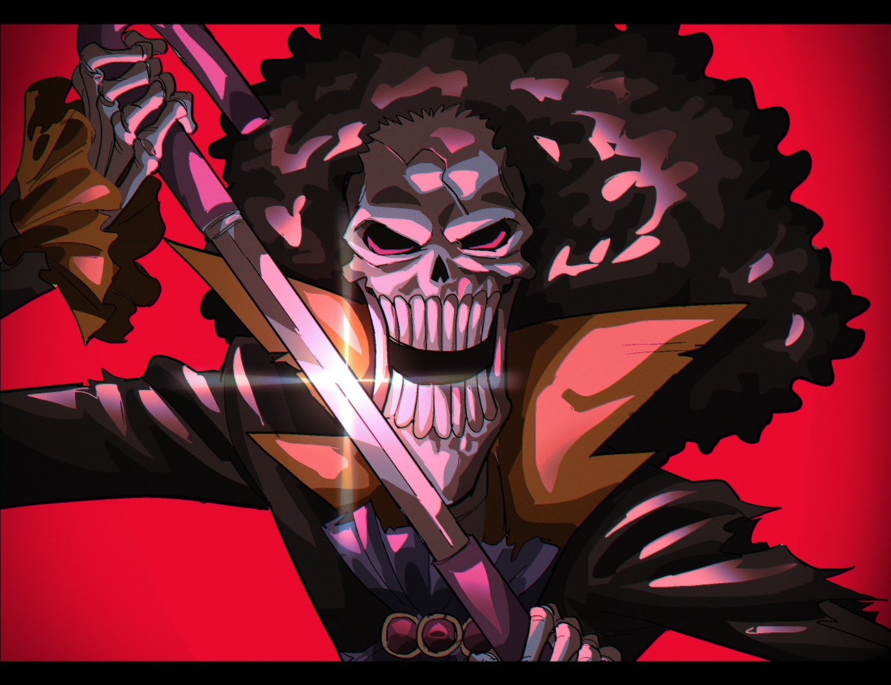 1boy afro ascot black_hair brook_(one_piece) cracked_skin frown glint male_focus one_piece open_mouth serious sheath skeleton solo sword_in_front_of_face tomatop umbrella_sword unsheathing upper_body