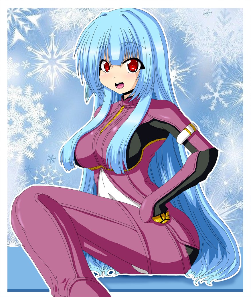 belt blue_hair bodysuit breasts gloves hair_over_breasts hand_on_own_hip kula_diamond large_breasts long_hair looking_at_viewer negemato smile snowflakes the_king_of_fighters the_king_of_fighters_xv violet_eyes zipper