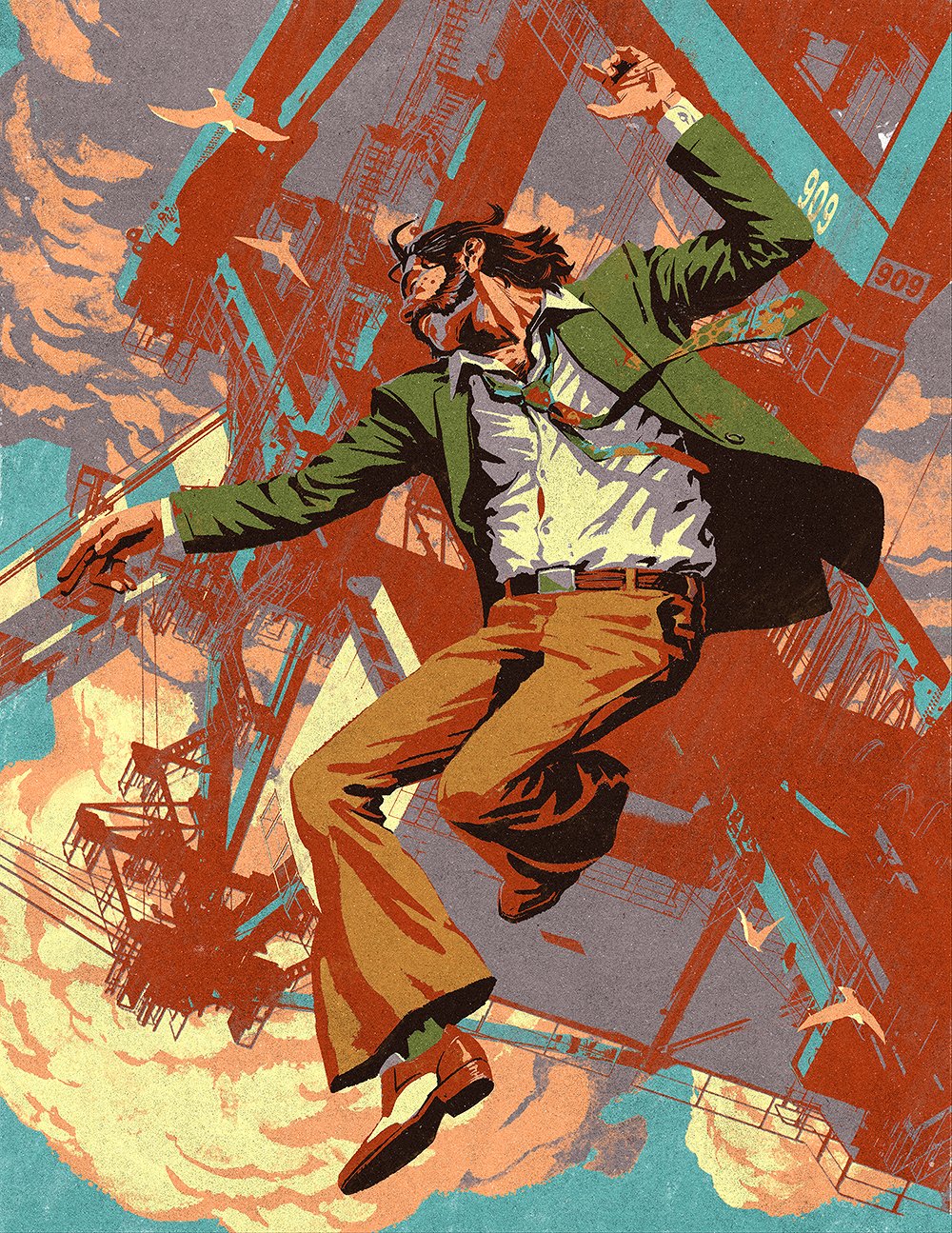1boy beard belt_buckle brown_footwear brown_pants buckle collared_shirt disco_elysium facial_hair green_jacket hand_up harry_du_bois highres jacket necktie outstretched_hand pants reptileenclosed shirt solo white_shirt wing_collar