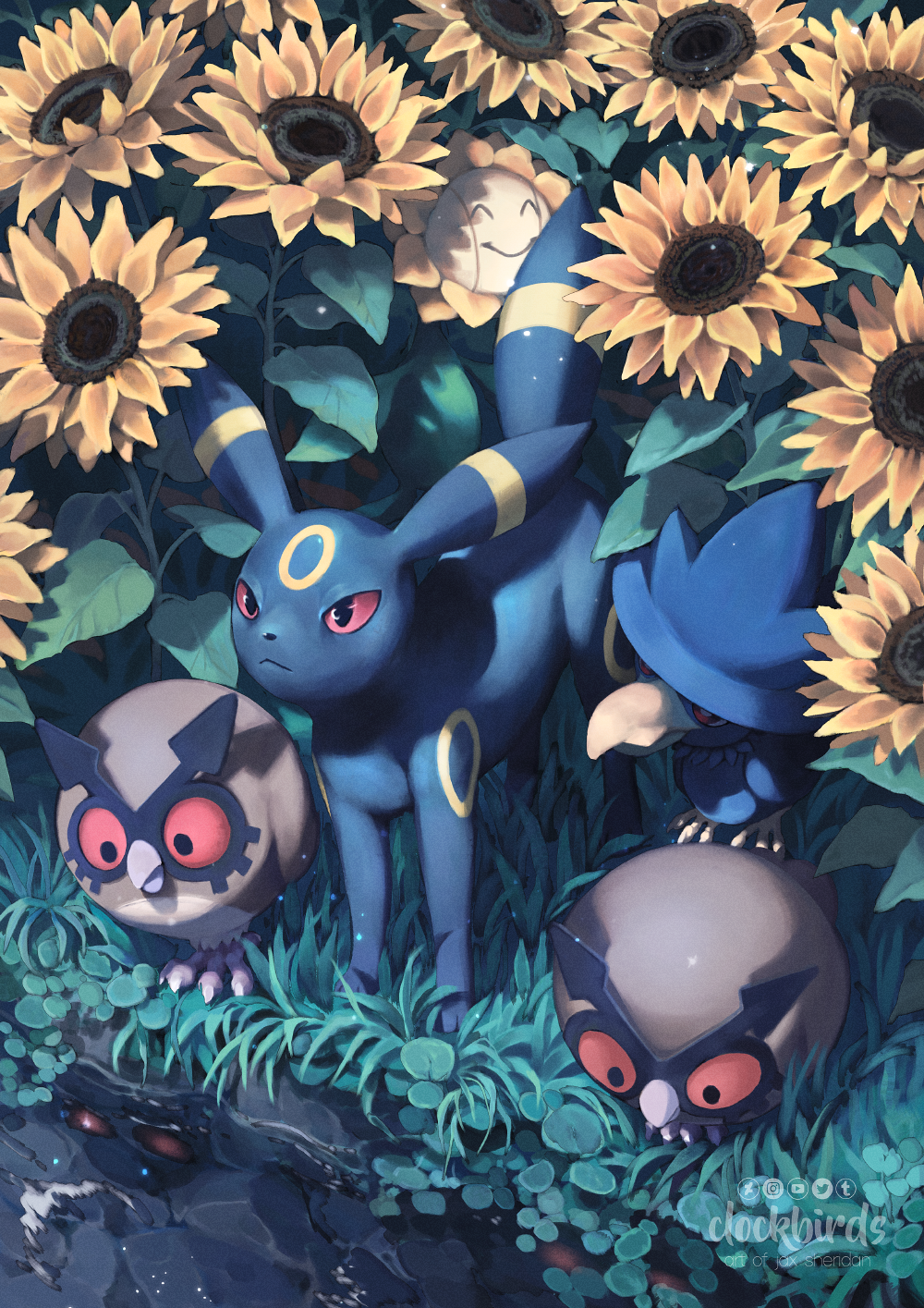 artist_name clockbirds colored_sclera commentary english_commentary field flower flower_field grass highres hoothoot making-of_available murkrow night no_humans outdoors photoshop_(medium) plant pokemon pokemon_(creature) red_sclera sunflora sunflower sunflower_field umbreon water watermark yellow_flower