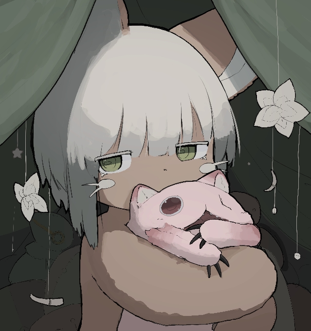 1other animal_ears blunt_bangs covered_mouth furry green_eyes holding jitome made_in_abyss mitty_(made_in_abyss) nanachi_(made_in_abyss) short_hair sideways_glance siroa upper_body white_hair