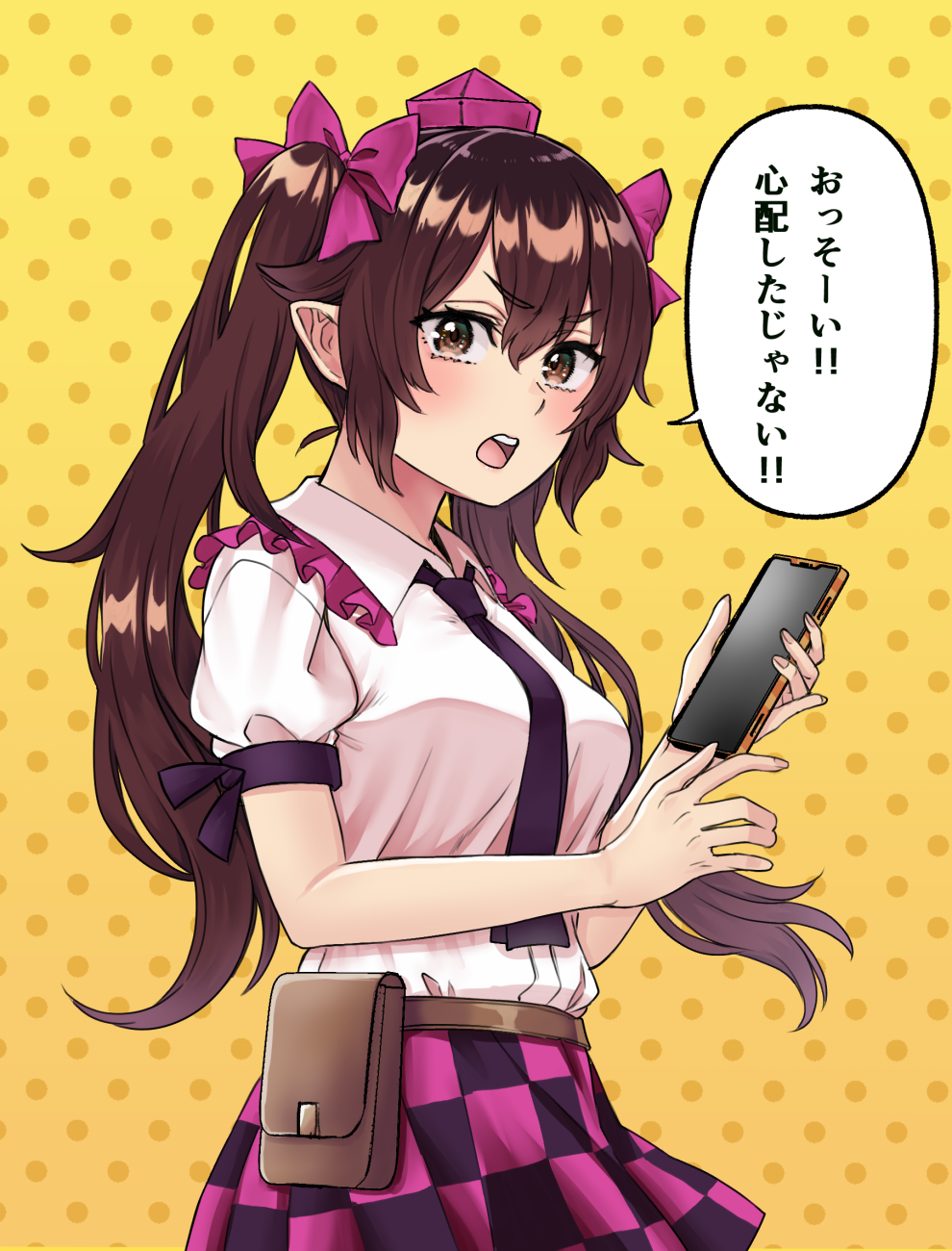 1girl black_necktie bow brown_eyes brown_hair collar frilled_collar frills hair_bow hat highres himekaidou_hatate holding holding_phone looking_at_viewer natsushiro necktie phone plaid plaid_skirt pointy_ears puffy_short_sleeves puffy_sleeves purple_bow purple_headwear shirt short_sleeves skirt solo speech_bubble tokin_hat touhou twintails white_shirt