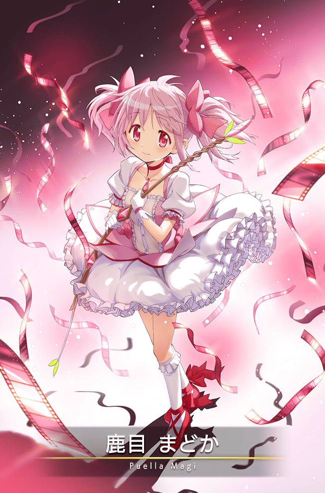 1girl blush bow bow_(weapon) bow_choker bubble_skirt buttons card_(medium) chest_jewel choker dress film_strip footwear_bow frilled_dress frilled_skirt frilled_socks frills game_cg gloves hair_bow high_heels holding holding_bow_(weapon) holding_weapon kaname_madoka kneehighs legs_together looking_at_viewer magia_record:_mahou_shoujo_madoka_magica_gaiden magical_girl mahou_shoujo_madoka_magica miniskirt official_art petticoat pink_background pink_bow pink_dress pink_eyes pink_gemstone pink_hair puffy_short_sleeves puffy_sleeves red_choker red_footwear short_dress short_hair short_sleeves skirt smile socks solo square_neckline standing twintails two-tone_dress weapon white_gloves white_skirt white_sleeves white_socks yellow_dress