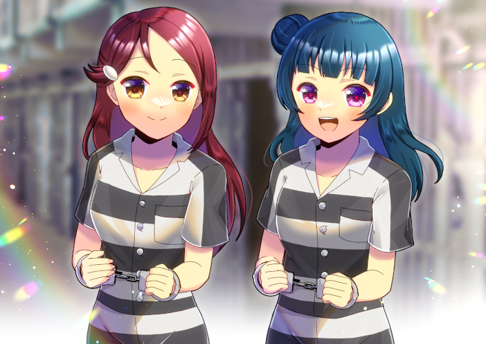 2girls :d blue_hair blurry blurry_background brown_eyes closed_mouth collarbone collared_shirt commentary_request commission cuffs depth_of_field dress_shirt hair_ornament hairclip handcuffs kou_hiyoyo long_hair looking_at_viewer love_live! love_live!_sunshine!! multiple_girls prison_clothes redhead sakurauchi_riko shirt short_sleeves skeb_commission smile striped striped_shirt tsushima_yoshiko violet_eyes
