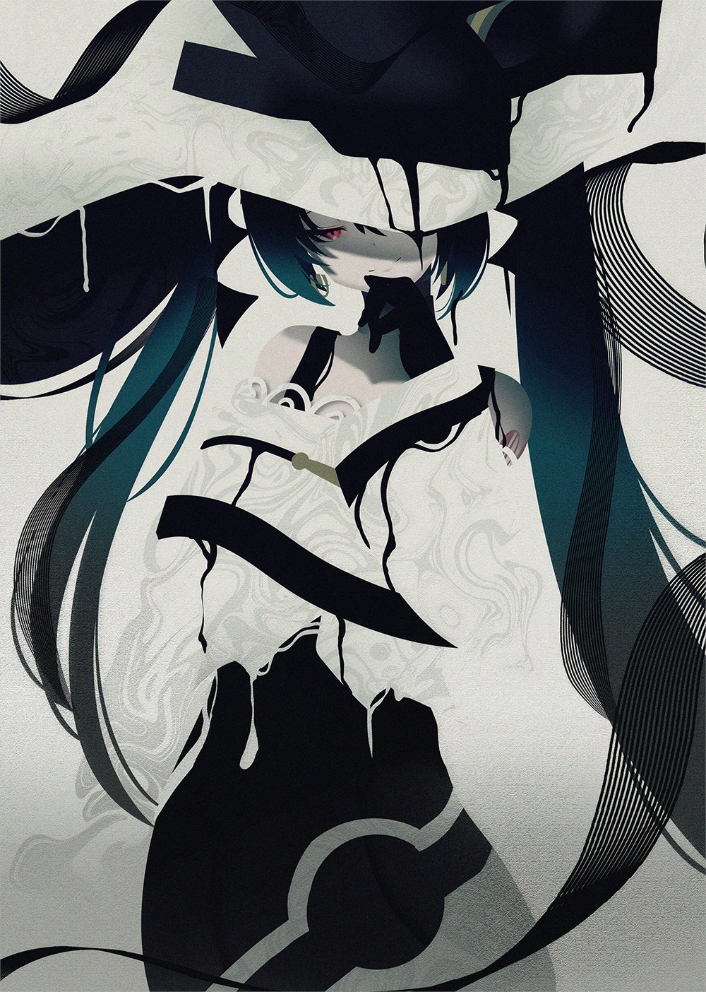 1girl bare_shoulders berryverrine black_dress black_gloves black_hair closed_mouth dark_miku_(project_voltage) dress earrings gloves hair_between_eyes hatsune_miku highres jewelry large_hat pokemon project_voltage red_eyes smile solo twintails two-tone_dress vocaloid white_dress white_headwear