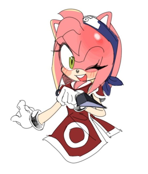 amy_rose cosplay dress forehead forehead_protector gloves green_eyes hairband haruno_sakura haruno_sakura_(cosplay) hedgehog hedgehog_ears hedgehog_girl holding holding_knife holding_weapon japanese_clothes knife kunai naruto_(series) one_eye_closed open_mouth pink_fur red_dress short_sleeves sonic_(series) sucho teeth upper_teeth_only weapon white_background white_gloves