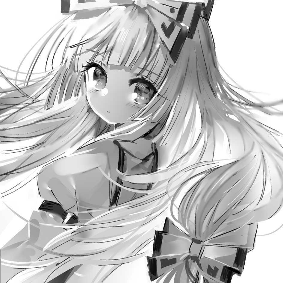 1girl arms_at_sides blunt_bangs blurry blush bow closed_mouth dot_nose expressionless from_behind fujiwara_no_mokou greyscale hair_bow hime_cut hinasumire long_hair long_sleeves looking_at_viewer monochrome shirt sidelocks simple_background sleeve_garter solo suspenders touhou upper_body very_long_hair white_background
