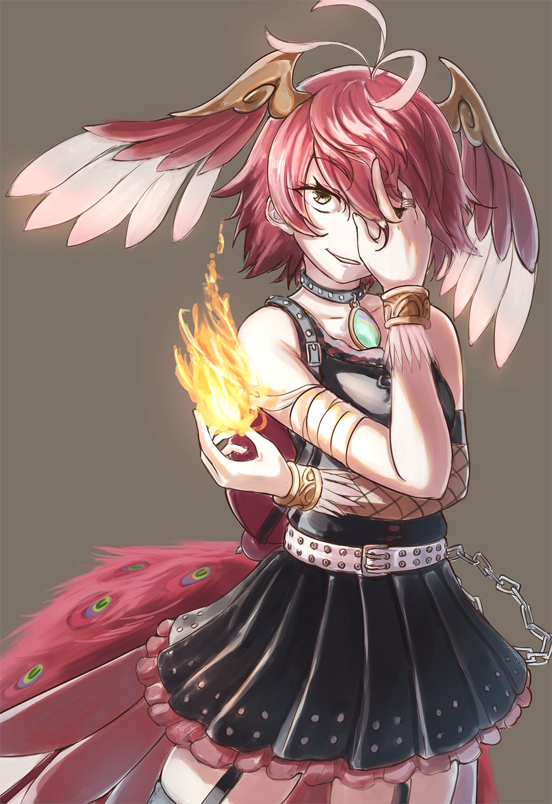 1girl bare_shoulders belt bird_girl bird_tail bird_wings feathered_wings fire grey_background head_wings highres jewelry kemono_friends kneehighs looking_at_viewer necklace okyao redhead short_hair simple_background skirt sleeveless socks solo suzaku_(kemono_friends) tail tank_top wings yellow_eyes