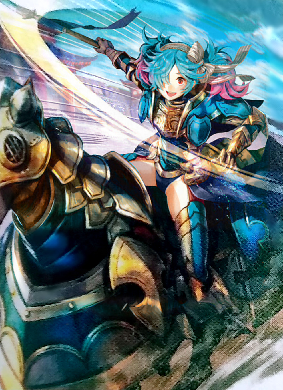 1girl barding blue_hair fire_emblem fire_emblem_cipher fire_emblem_fates highres holding holding_polearm holding_weapon lance official_alternate_costume official_art peri_(fire_emblem) pink_hair polearm thighs third-party_source weapon