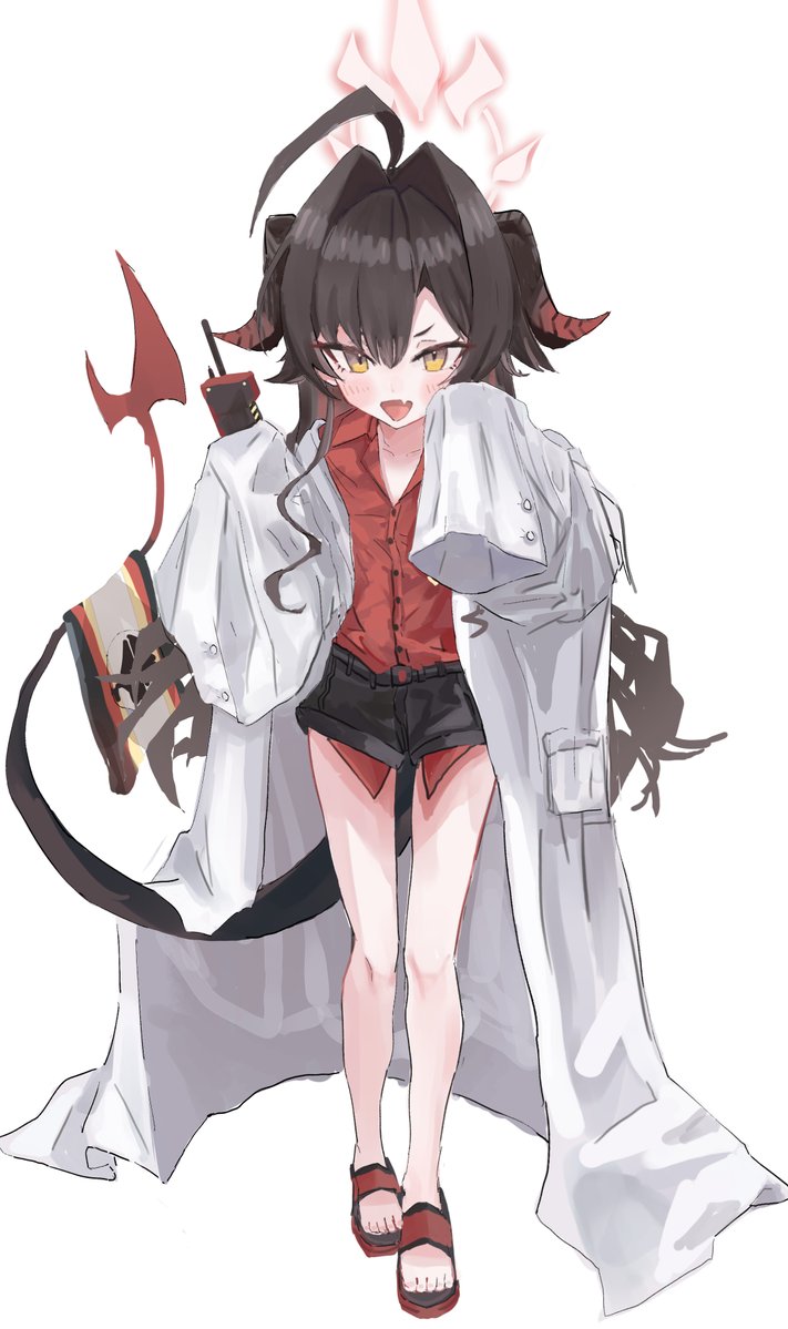 1girl ahoge black_hair black_horns black_shorts black_tail blue_archive blush coat collared_shirt demon_horns fang flat_chest full_body hair_intakes halo horns kasumi_(blue_archive) keshipapaver lab_coat long_hair open_mouth oversized_clothes red_halo red_shirt sandals shirt shirt_tucked_in shorts simple_background skin_fang sleeves_past_fingers sleeves_past_wrists smile solo walkie-talkie white_background white_coat yellow_eyes