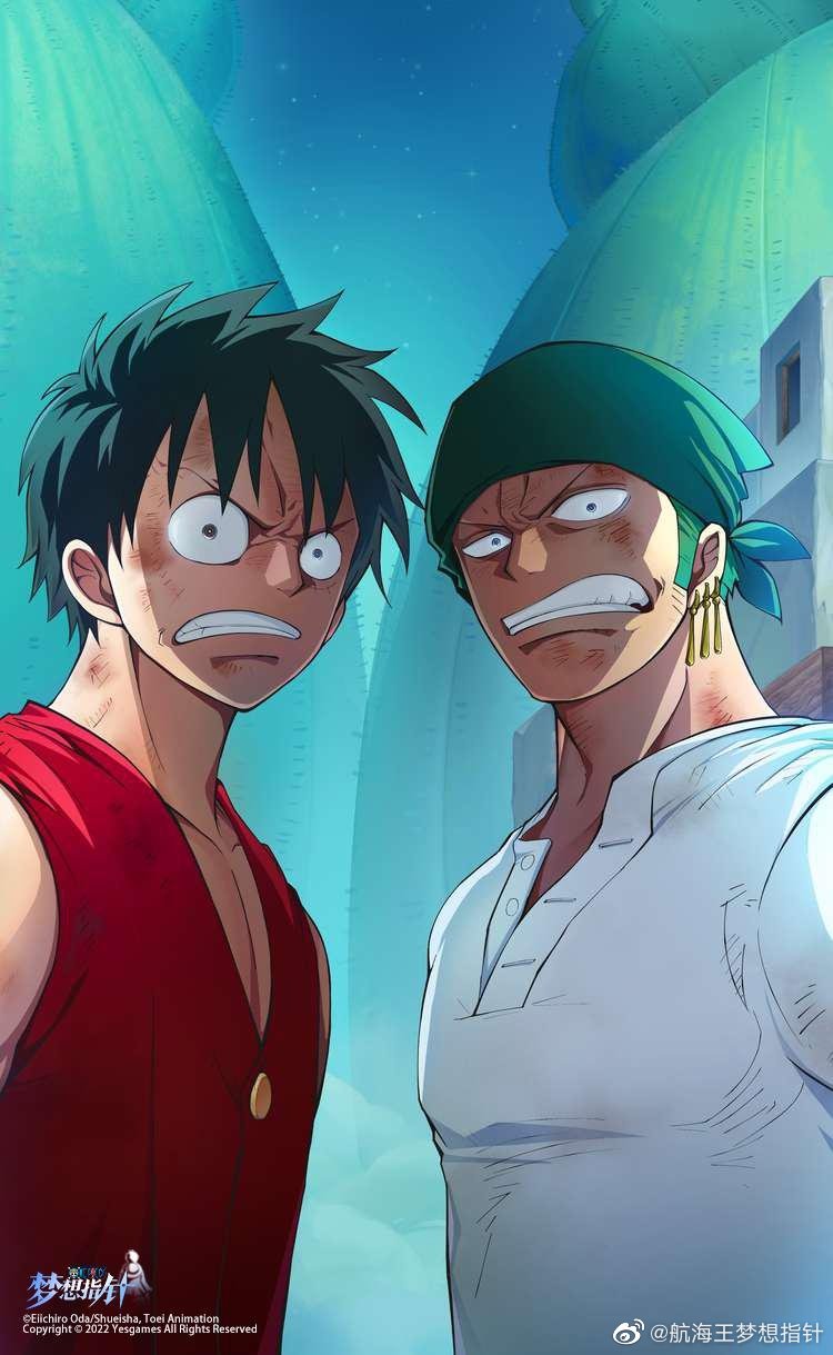 2boys angry bandana black_eyes black_hair chinese_text earrings english_text game_cg green_bandana green_hair highres injury jewelry looking_at_viewer male_focus monkey_d._luffy multiple_boys official_art one_piece one_piece_dream_pointer outdoors red_shirt roronoa_zoro shirt short_hair single_earring sleeveless sleeveless_shirt teeth v-shaped_eyebrows white_shirt