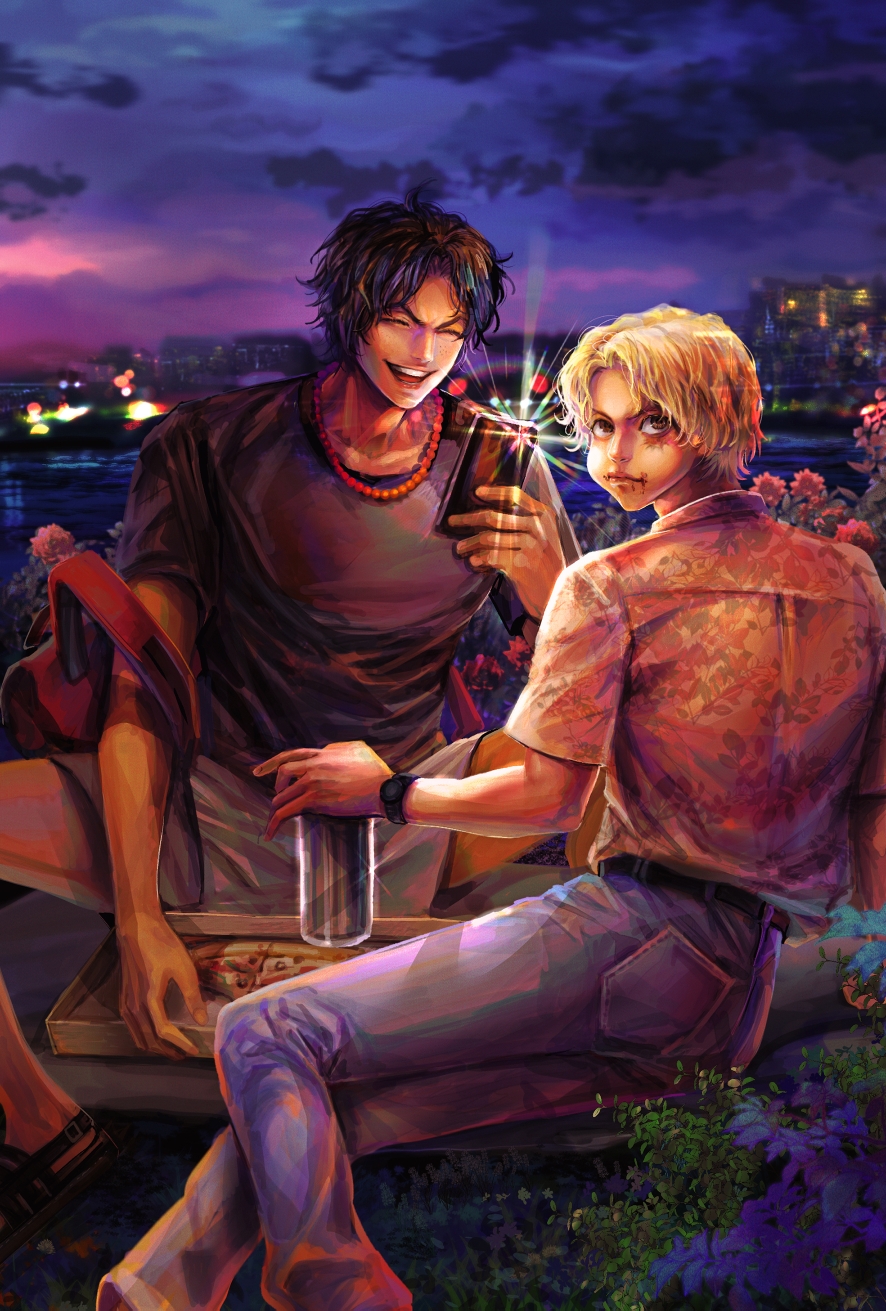 2boys alternate_costume bead_necklace beads black_hair blonde_hair cellphone closed_eyes closed_mouth cup denim eating eg_(eastg111) food freckles highres holding holding_cup holding_phone jeans jewelry looking_at_viewer male_focus multiple_boys necklace night night_sky one_piece open_mouth outdoors pants phone pizza portgas_d._ace sabo_(one_piece) scar scar_across_eye scar_on_face shirt short_hair short_sleeves sitting sky smile teeth v-shaped_eyebrows watch watch
