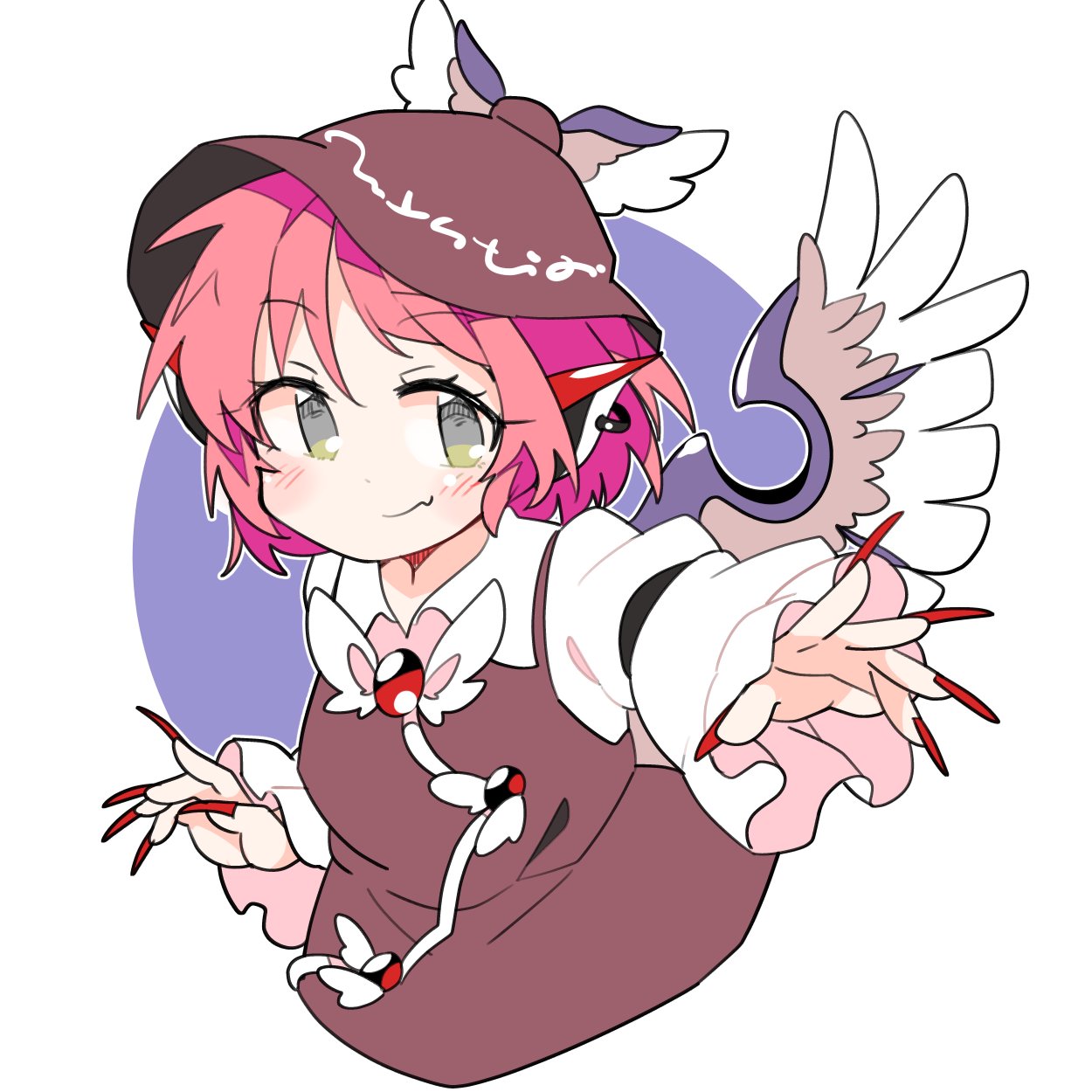 1girl animal_ears bird_ears bird_wings blush brown_dress brown_headwear closed_mouth collared_shirt dress earrings fingernails frilled_sleeves frills hat highres ini_(inunabe00) jewelry long_fingernails long_sleeves mystia_lorelei nail_polish pink_hair red_nails sharp_fingernails shirt short_hair single_earring sleeve_garter smile solo touhou white_shirt white_wings wide_sleeves winged_hat wings yellow_eyes