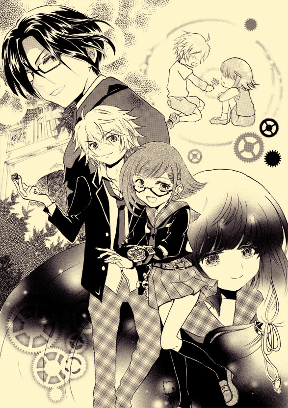 2boys 2girls :d aged_down ahoge belt blazer blunt_bangs building child chinami_kyouka closed_mouth collared_shirt curtained_hair dasshutsu_adventure facing_another feet_out_of_frame foot_out_of_frame from_side fu-maru gears gem glasses greyscale grin hair_between_eyes hair_ornament hairclip holding jacket kajino_hikomachi kneehighs lapels loafers long_hair long_sleeves looking_at_viewer looking_to_the_side loose_necktie mole mole_under_eye monochrome multiple_boys multiple_girls necktie opaque_glasses open_clothes open_collar open_jacket open_mouth pants partially_opaque_glasses plaid plaid_pants plaid_sailor_collar plaid_skirt pleated_skirt portrait profile projected_inset rectangular_eyewear sailor_collar school_uniform semi-rimless_eyewear shirt shoe_soles shoes short_hair short_sleeves shorts sitting skirt smile socks stippling_(texture) susami_juunosuke tokino_wakaru unbuttoned under-rim_eyewear unmoving_pattern untucked_shirt window x_hair_ornament