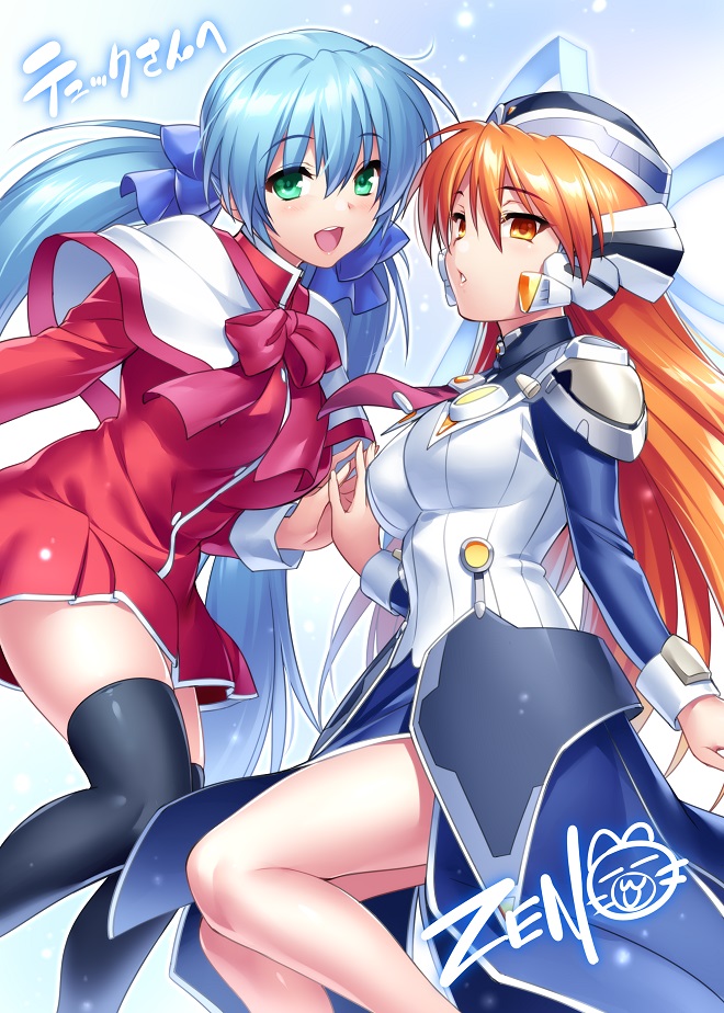 2girls :d alternate_costume arm_at_side black_thighhighs blue_background blue_bow blue_dress blue_hair blue_ribbon blush bow capelet commentary_request commission cosplay dress empty_eyes expressionless eyelashes eyes_visible_through_hair feet_out_of_frame green_eyes hair_between_eyes hair_bow hair_ribbon hand_up holding_hands hoshino_yumemi hoshino_yumemi_(cosplay) kanon long_hair long_sleeves looking_at_viewer low_twintails minase_nayuki minase_nayuki_(cosplay) multiple_girls no_headwear open_mouth orange_eyes orange_hair parted_lips pink_bow planetarian red_dress ribbon robot_ears robot_girl round_teeth school_uniform second-party_source serio_(to_heart) shiny_skin short_dress signature simple_background skeb_commission smile steepled_fingers teeth thigh-highs to_heart to_heart_(series) trait_connection twintails upper_teeth_only very_long_hair white_capelet zen_(kamuro) zettai_ryouiki