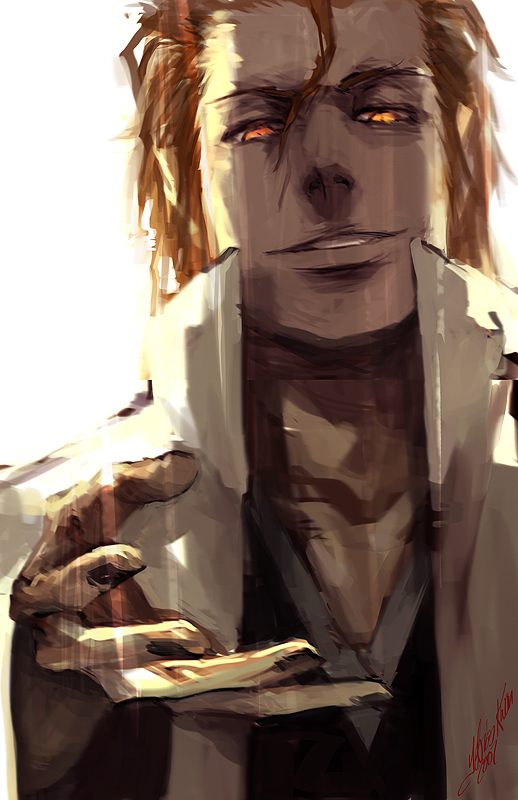 1boy aizen_sousuke bleach brown_hair bust glowing glowing_eyes grin hair_between_eyes male nail_polish orange_eyes outstretched_arm outstretched_hand reaching realistic signature smile solo