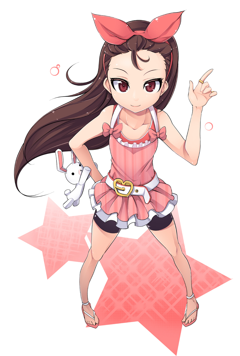 belt bike_shorts bow brown_hair bunny forehead hair_bow highres idolmaster jewelry long_hair minase_iori pointing pointing_up rabbit red_eyes ring sandals shachi_kamaboko smile solo star stuffed_animal stuffed_bunny stuffed_rabbit stuffed_toy