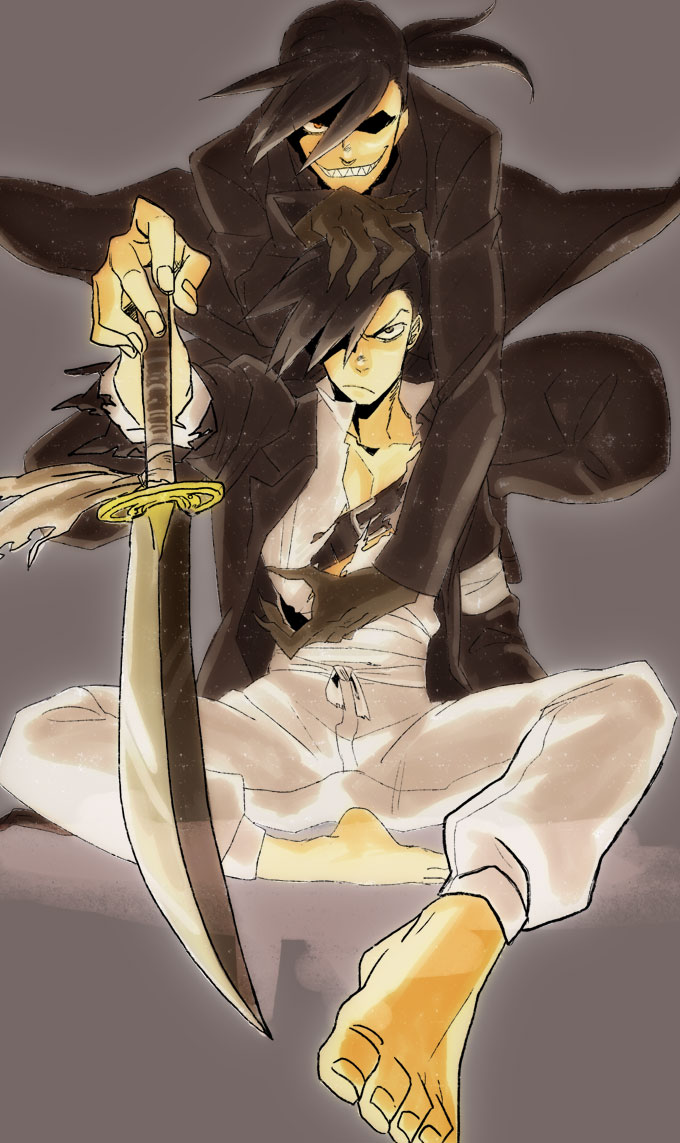 black_hair claws dual_persona feet frown fullmetal_alchemist greed grin katou_(hyaena) ling_yao male ponytail sharp_teeth sitting smile sword weapon
