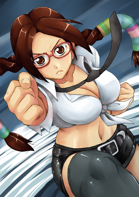 1girl :&lt; belt black_legwear braid breasts brown_eyes brown_hair cleavage clenched_hands fighting_stance glasses hair_ribbon julia_chang large_breasts namco naoyuki necktie punching red-framed_glasses ribbon short_shorts shorts solo tekken tekken_3 tekken_4 tekken_5_(dark_resurrection) tekken_tag_tournament tekken_tag_tournament_2 thigh-highs tied_shirt twin_braids zettai_ryouiki