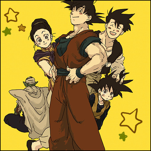 1girl 4boys ^_^ black_border black_hair blush_stickers border brothers cape chi-chi_(dragon_ball) closed_eyes couple dougi dragon_ball dragonball_z earrings eyebrows_visible_through_hair facing_away family father_and_son fingernails floating hand_on_another's_head hand_on_hip happy hetero jewelry legs_crossed looking_at_viewer lowres mother_and_son multiple_boys nitako open_mouth piccolo pointy_ears short_hair siblings simple_background smile son_gohan son_gokuu son_goten spiky_hair standing star tied_hair turban wristband yellow_background