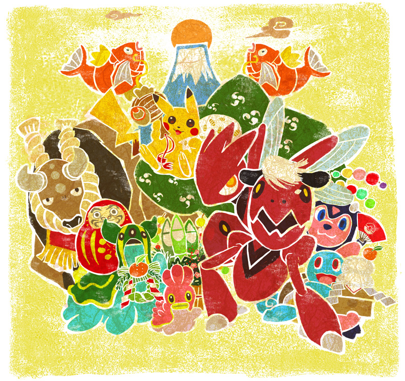 doll fan food fruit gastrodon instrument kadomatsu magikarp mandarin_orange mikami miltank mount_fuji mountain no_humans pikachu pokemon pokemon_(creature) scizor shellos squirtle taiko_drum tauros volcano wreath