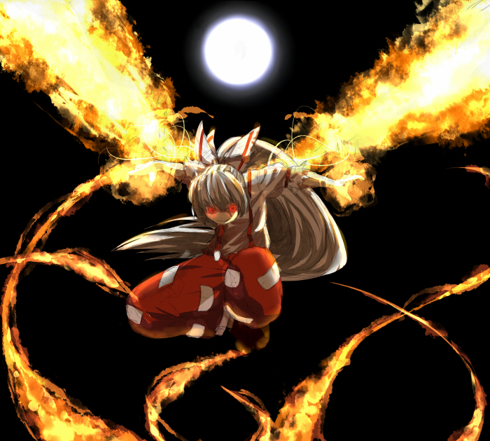 fire fujiwara_no_mokou full_moon jumping kushou moon night red_eyes touhou