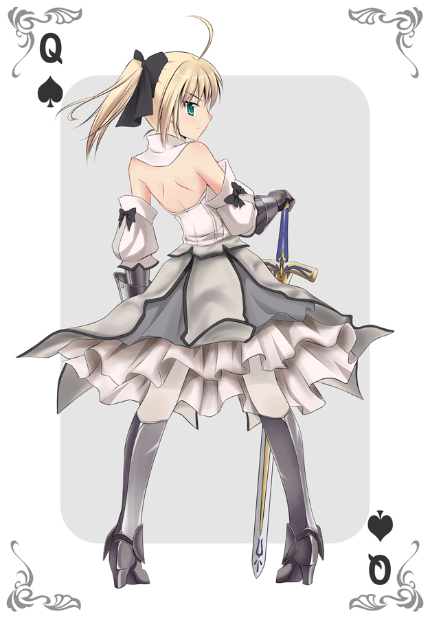 alucard_(artist) armor armored_dress blonde_hair boots bow caliburn dress fate/stay_night fate/unlimited_codes fate_(series) gloves green_eyes looking_back ponytail queen saber saber_lily short_hair solo sword weapon