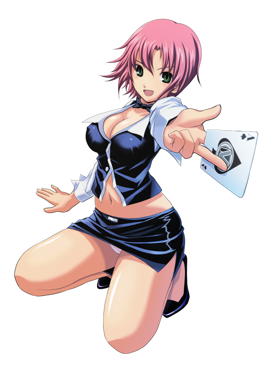 breasts card cleavage croupier female green_eyes high_heels highres holding holding_card midriff miniskirt navel panties pink_hair rio_rollins shoes short_hair skirt solo squatting super_blackjack underwear v-mag