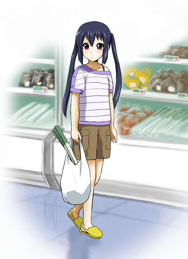 black_hair groceries k-on! long_hair nakano_azusa off_shoulder red_eyes shopping solo twintails yagisawa_keiichi