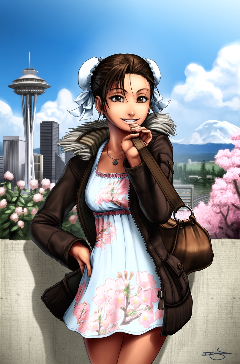 capcom casual chun-li double_bun dress highres omar_dogan pantyhose seattle signature space_needle street_fighter