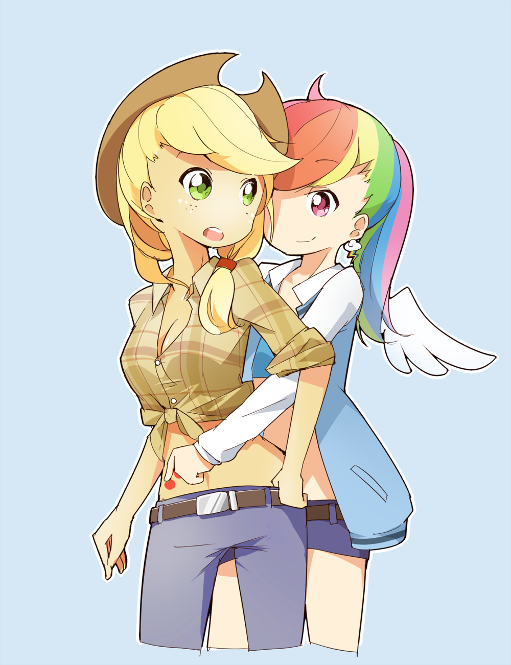 2girls alternate_hairstyle applejack blue_background highres hug hug_from_behind long_hair multiple_girls my_little_pony my_little_pony_friendship_is_magic personification ponytail rainbow_dash simple_background sunyukun