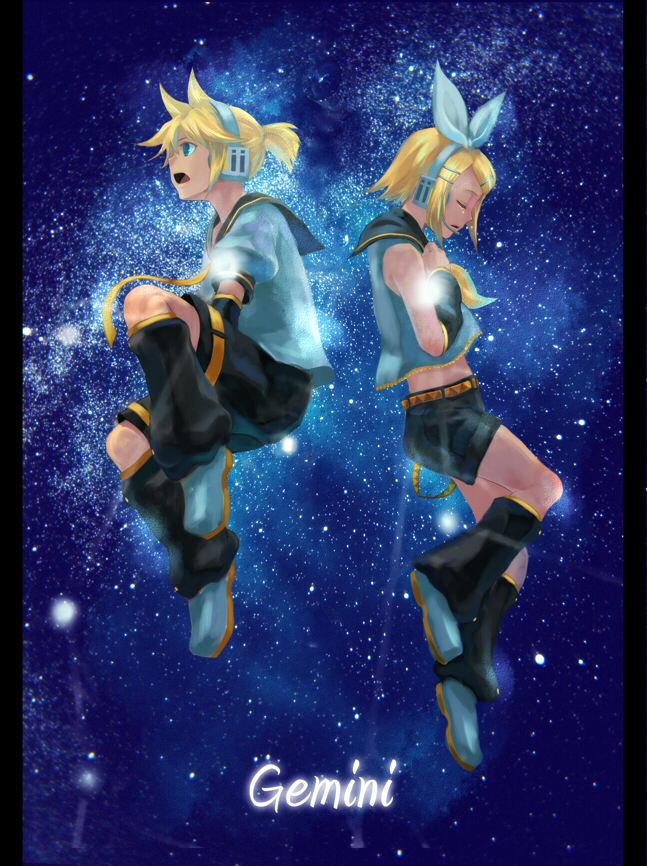 blue_eyes bow closed_eyes detached_sleeves gemini_(vocaloid) hair_bow headset iwaya kagamine_len kagamine_rin midriff necktie open_mouth shorts siblings star twins vocaloid