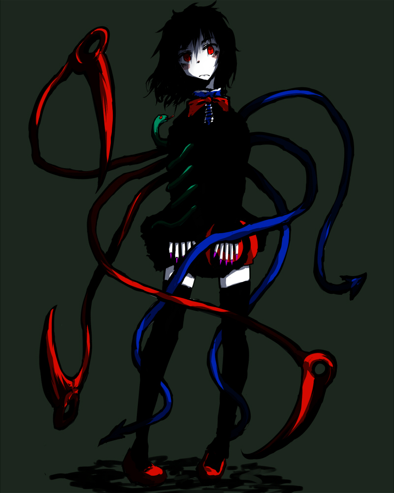 asymmetrical_wings bad_id black_hair black_legwear bow confused fingernails frown houjuu_nue long_fingernails nail_polish red_eyes short_hair simple_background siniti snake thigh-highs thighhighs touhou wings zettai_ryouiki