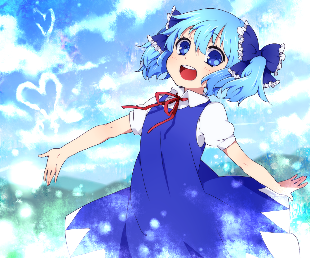 alternate_hairstyle bad_id blue21 blue_eyes blue_hair bow cirno frills hair_bow heart looking_at_viewer open_mouth outstretched_arm short_hair short_twintails smile solo touhou twintails
