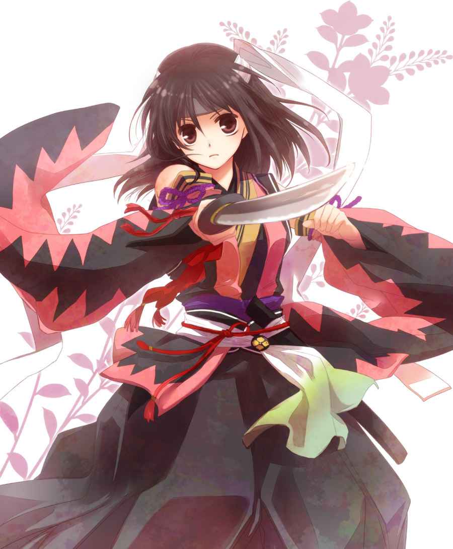 black_hair brown_eyes detached_sleeves fighting_stance hakuouki_shinsengumi_kitan japanese_clothes katana samako sword weapon yukimura_chizuru