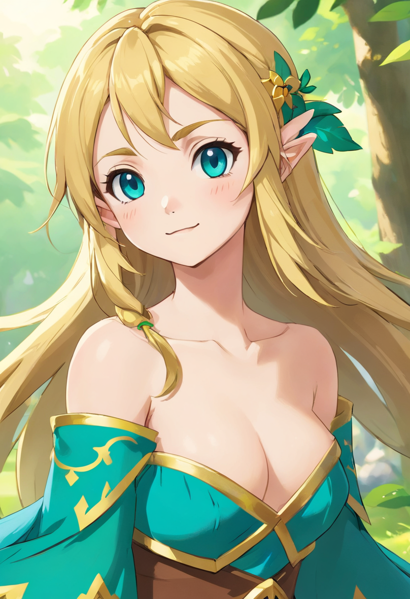 1girl ai-generated ai_generated blonde blonde_hair blue_eyes breasts cleavage princess_zelda smile the_legend_of_zelda