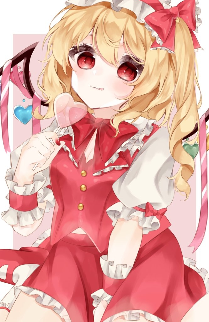 1girl :q alternate_wings bad_id bad_pixiv_id between_legs border bow bowtie breasts cowboy_shot flandre_scarlet frilled_bowtie frilled_shirt_collar frilled_skirt frills hair_between_eyes hand_between_legs hat hat_ribbon head_tilt heart looking_at_viewer medium_hair mob_cap multiple_girls one_side_up pink_background pink_ribbon puffy_short_sleeves puffy_sleeves red_bow red_bowtie red_eyes red_ribbon red_skirt red_vest ribbon shirt short_sleeves skirt skirt_set sleeve_ribbon small_breasts solo tongue tongue_out touhou user_cwdk5483 vest white_border white_headwear white_shirt wings wrist_cuffs