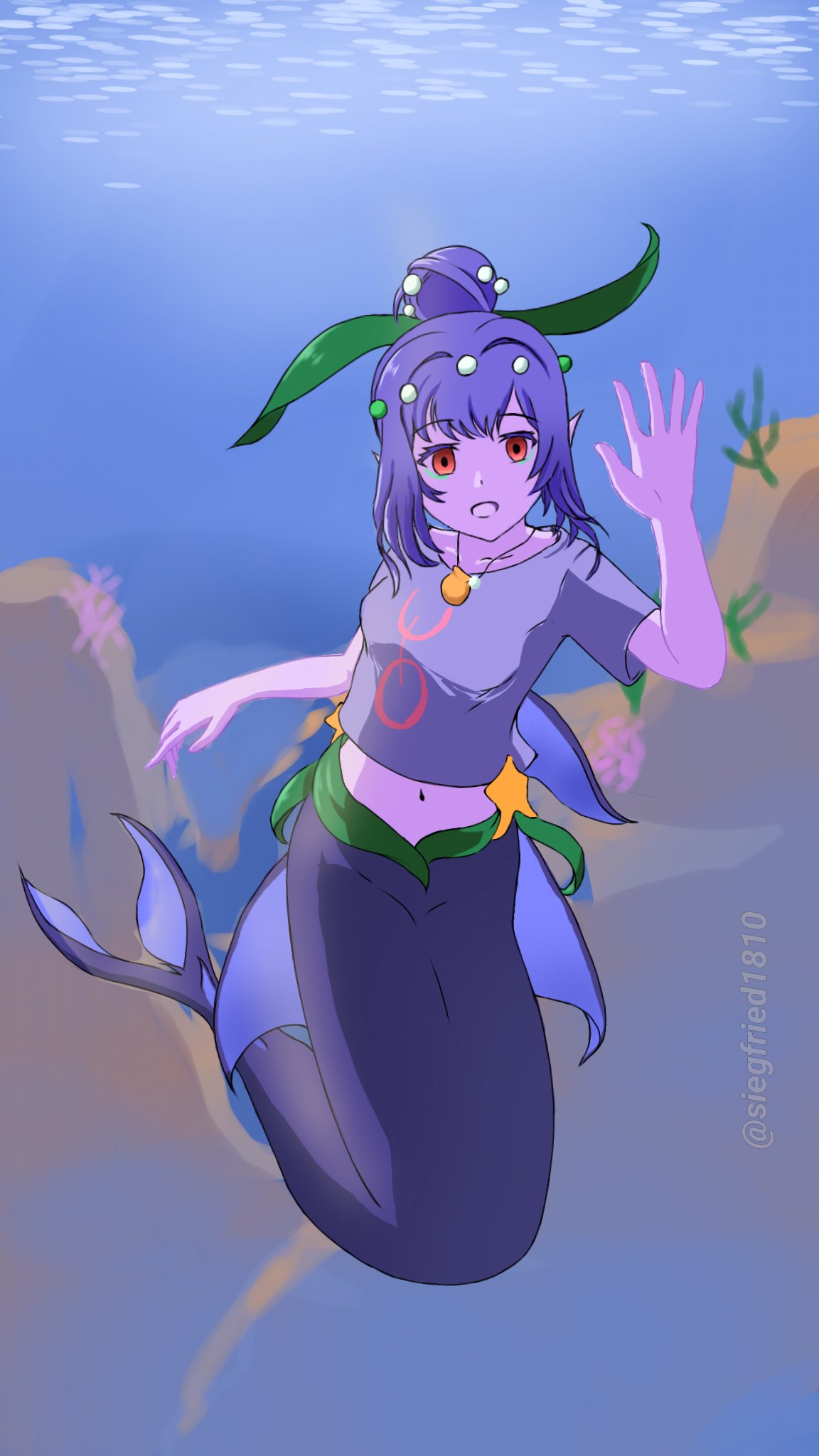 hair_bun highres ibispaint_(medium) mermaid monster_girl seaweed shirt siegfried1810 simple_background underwater wata-chan_(yasuda_genshou) yasuda_genshou