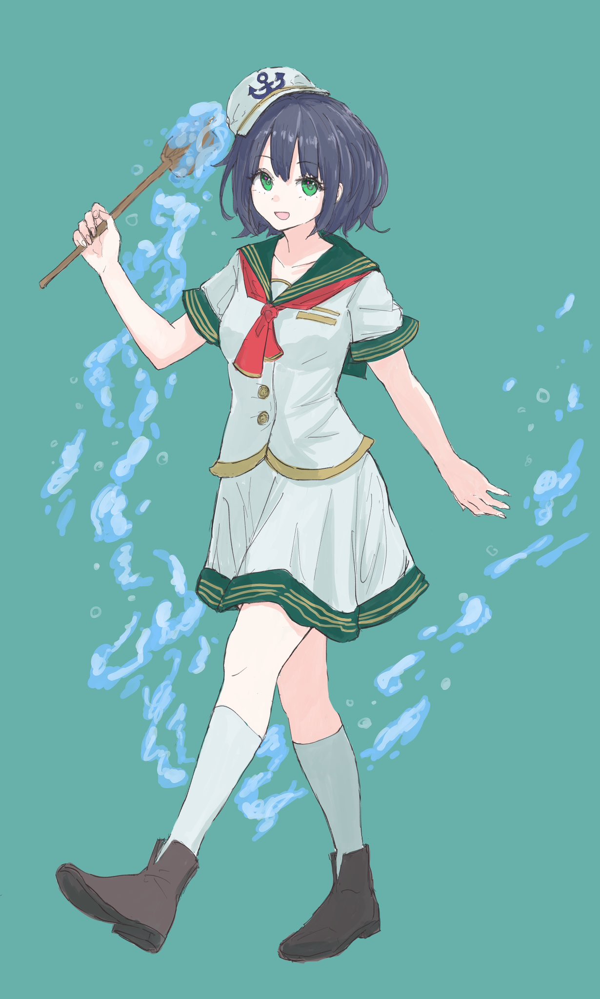1girl :d air_bubble aqua_background black_hair boots brown_footwear bubble buttons character_request green_eyes green_serafuku grey_socks hand_up hat highres holding holding_wand kashiwada_kiiho looking_at_viewer neckerchief open_mouth red_neckerchief sailor_hat school_uniform serafuku shirt short_hair short_sleeves skirt smile socks solo standing touhou walking wand water white_shirt white_skirt